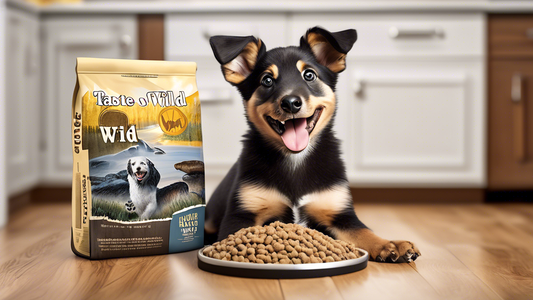 Create an image of a happy, energetic puppy sitting next to a bag of Taste of the Wild puppy food. The scene should be set in a cozy, well-lit kitchen with wooden floors and modern appliances. The pup