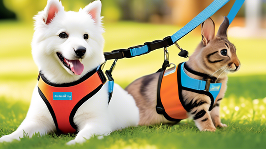 Create an image of a variety of pets (dogs, cats, rabbits) each comfortably wearing well-designed, colorful no-escape harnesses, with a backdrop of a sunny park. Include helpful infographics highlight