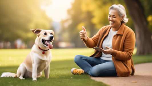 Create an image of a happy dog and its owner in a picturesque park setting. The owner is using positive reinforcement techniques, such as holding a treat and giving a thumbs-up, while the dog sits obe