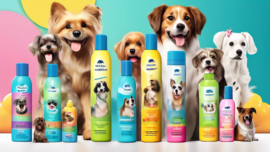 Create an image of a cheerful array of waterless dog shampoo sprays and wipes, featuring different brands and colorful packaging. In the background, depict happy, clean dogs of various breeds with shi