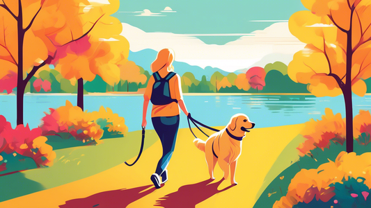 Create an image of a joyful golden retriever wearing a comfortable, easy-walk dog harness in vibrant colors, walking alongside its owner in a scenic park during a sunny day. Include elements of nature