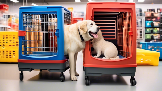 Create an image showcasing a variety of large, durable plastic dog crates in a pet store setting. The crates should be spacious, well-ventilated, and feature secure latches. Include a happy dog sittin