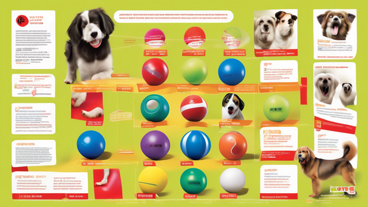 Create a vibrant and engaging image of various sizes and colors of Kong balls for dogs, displayed in an informative guide layout. The scene should feature happy, playful dogs of different breeds inter