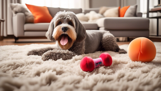 Create an image of adorable pets like dogs and cats playing happily with plush Kong toys in a cozy living room setting. The pets should look content and joyous, with a variety of colorful, soft Kong p