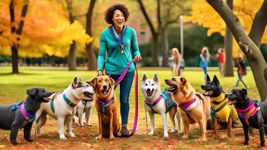 Create an image showing a cheerful dog owner standing in a park with their dog on a colorful, high-quality Ruffwear leash. The owner is holding a variety of Ruffwear leashes, each in different styles