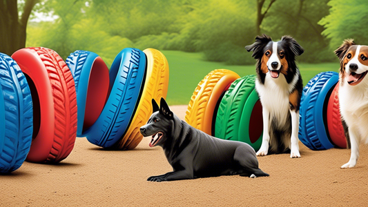 Create an image of happy dogs engaging with Kong Tires in a vibrant outdoor setting. The dogs should be of various breeds and sizes, using the tires in different ways, such as chewing, fetching, and p