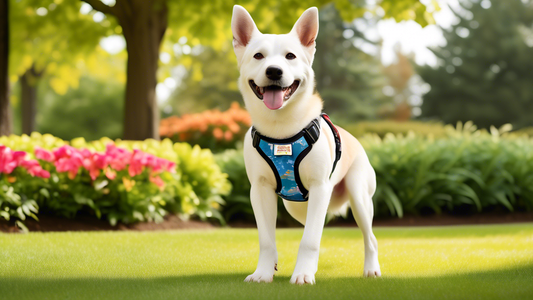 Create an image of a joyful dog in a beautifully landscaped park, proudly wearing a comfortable and stylish Top Paw harness. Surround the dog with a few different types and colors of Top Paw harnesses