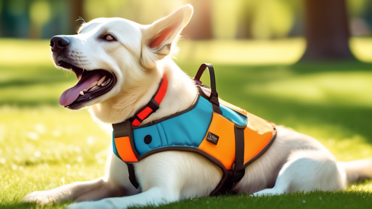 Create an image of a happy dog wearing a Ruffwear cooling harness in a sunny park. The dog looks comfortable and cool, with a few other dogs playing in the background and trees providing shade. Show s