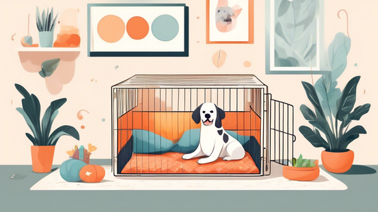Create an image of a cozy and spacious extra-large soft dog crate with plush bedding inside, situated in a stylish and dog-friendly living room. The crate door is open, and a happy large dog is comfor