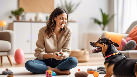 Create an image of a happy adult dog of any breed attentively listening to their owner in a bright, comfortable living room setting. The owner is demonstrating a training technique, possibly holding a