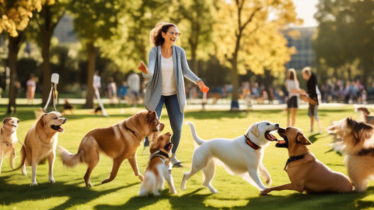 A heartwarming scene of a dog owner and their happy dog in a sunny park, using various training tools like clickers, treats, and agility hurdles. The owner is demonstrating positive reinforcement tech