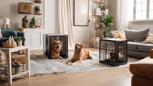A cozy living room setting with a variety of dog crates in different sizes, materials, and styles arranged neatly. Each crate is occupied by a happy, relaxed dog of various breeds and sizes. Some crat