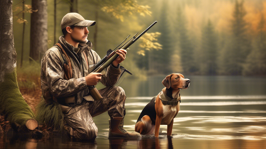 Create an image of an experienced hunter in a traditional outdoor hunting setting, instructing a young, eager hunting dog. The hunter should be dressed in camouflage gear, holding a leash connected to