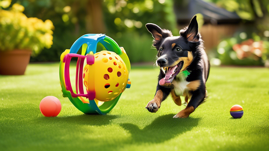 Create an image of a happy, energetic dog playing with a JW Hol-ee Roller toy in a lush, green backyard. The dog, possibly a medium-sized breed with a shiny coat, is mid-jump with the colorful, flexib