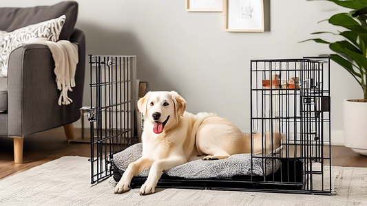 Create an image of a cozy, stylish living room where a happy dog is comfortably lounging in a high-quality 24-inch dog crate. The crate should have soft bedding, toys, and a water bowl inside. The sce