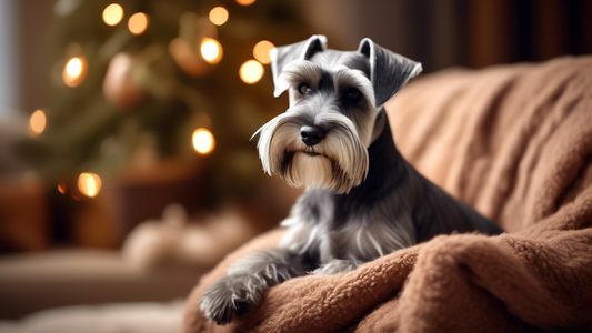 Create an image of a charming, well-groomed Toy Schnauzer sitting happily in a cozy living room. The dog should have expressive eyes and a fluffy coat, showcasing its small and adorable stature. The b
