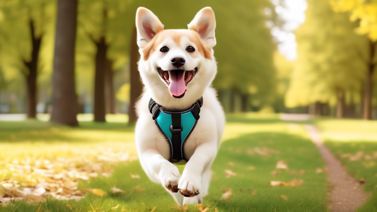 A cheerful dog enjoying a walk in a park, wearing a stylish no-pull harness that comfortably secures around its chest. The harness is designed to prevent pulling, allowing the owner to walk with ease.