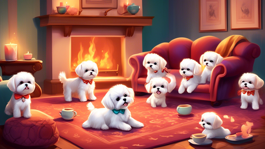 A cozy living room setting with a soft, plush rug featuring a group of tiny, fluffy Teacup Maltese puppies playing together. Each puppy has a distinct ribbon color, giving them a charming appearance.