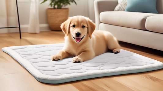Create an image showcasing a cozy, brightly lit living room where a variety of puppy pads are neatly displayed. Include a playful, adorable puppy exploring the different pads. The pads vary in design,