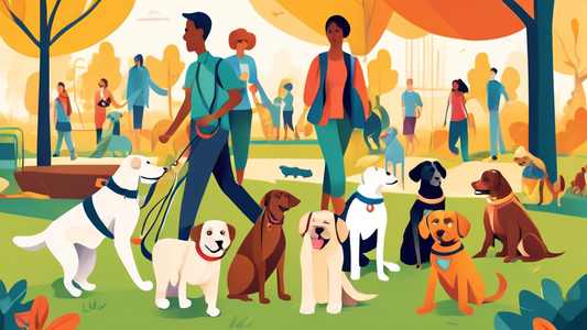 Create an image of a diverse park scene featuring dog owners with their pets, showcasing a variety of dog breeds wearing different types of harnesses and leashes. Highlight features like no-pull harne