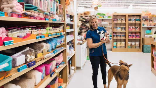 An image of a cozy, well-organized pet store aisle lined with various essential dog supplies and accessories. Shelves are stocked with items such as comfy dog beds, colorful leashes, stylish collars,