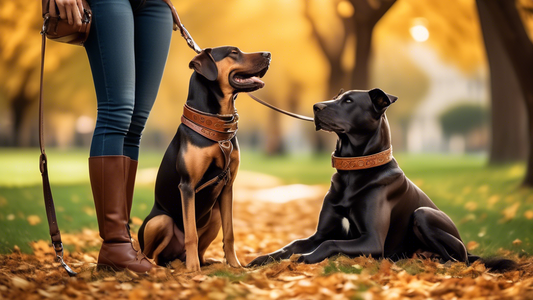A high-quality photograph featuring a well-trained dog sitting proudly with its owner, both on a sunny day in a lush park. The dog is wearing a beautifully crafted leather leash. Surrounding them are