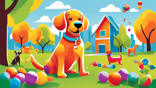Create a vibrant and playful scene featuring a variety of top dog toys for active pups. Include a happy, energetic dog playing with toys such as rubber balls, chew ropes, frisbees, and squeaky toys in