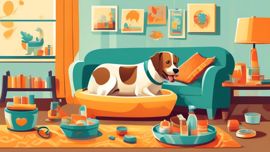 Create an image of a cheerful dog surrounded by essential pet supplies, such as a comfortable dog bed, nutritious food and water bowls, durable toys, a stylish collar and leash, grooming tools, and a