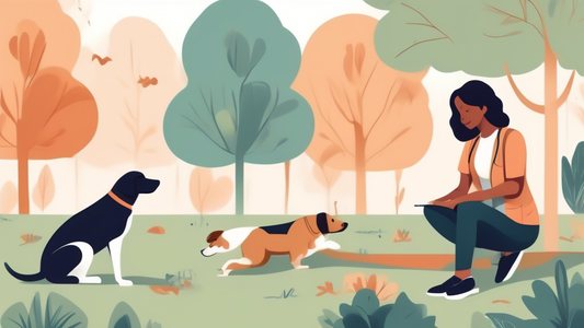 Create an illustration showing a trainer working with a psychiatric service dog. The scene depicts various training activities such as teaching the dog to respond to anxiety attacks, providing tactile