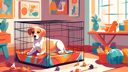 A heartwarming scene of a puppy happily relaxing in a cozy, well-equipped cage in a bright and cheerful room, with colorful training guides, toys, and blankets around. The cage is open, and a kind per