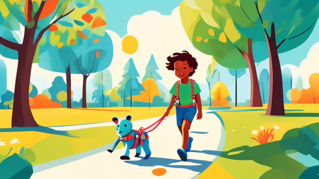 Create an image of a young child joyfully walking outdoors, securely connected to a parent by a colorful, animal-shaped harness buddy. The scene should show the parent and child enjoying a sunny park