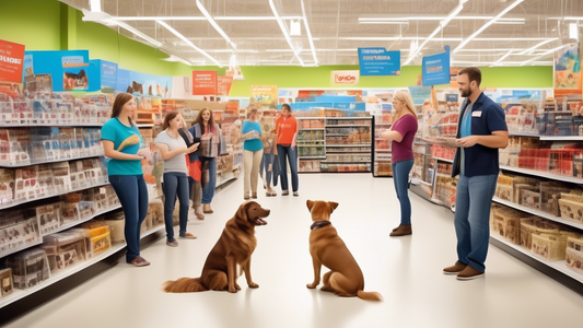 A vibrant scene inside a Petco store, showcasing a professional dog trainer demonstrating training techniques with a happy, attentive dog. Surrounding them are pet owners eagerly observing, some with