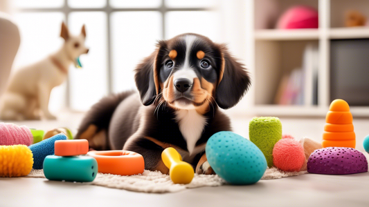 Create an image of a happy, playful puppy surrounded by various colorful, durable chew toys in a cozy living room setting. Include toys of different shapes and sizes, such as bone-shaped rubber toys,