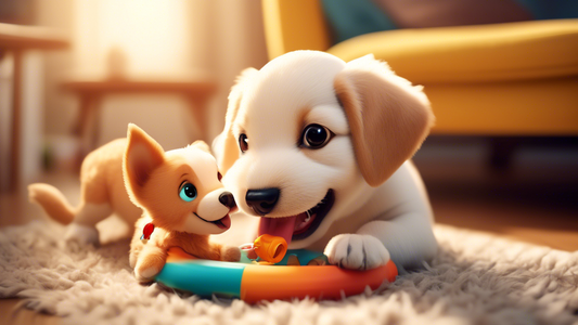 An adorable puppy playfully biting a chew toy in a cozy living room, while a smiling owner gently teaches it with positive reinforcement and commands. Soft lighting and a warm, homely atmosphere empha