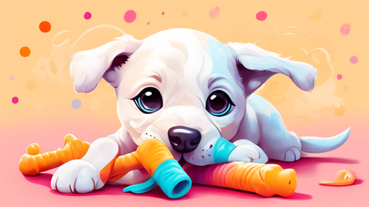 Create a vibrant and heartwarming image showcasing an adorable, playful puppy chewing on a Benebone Puppy chew toy. The toy should look durable and safe, designed specifically for puppies, with a colo