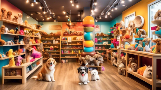 Create an image of a charming, well-lit dog store filled with a variety of colorful dog toys, cozy beds, stylish accessories, and healthy treats. Include a few happy dogs playing and interacting with