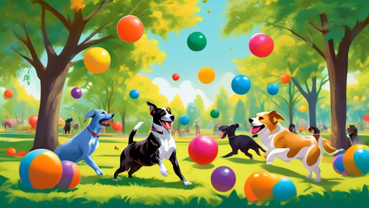 Create a vibrant and whimsical scene in a large sunny park where multiple energetic dogs of various breeds are playing with oversized, colorful balls. The dogs should look happy and playful, with some