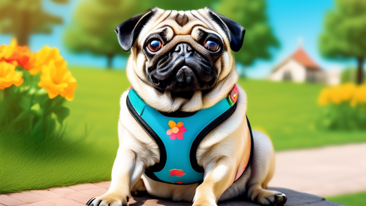 A happy pug wearing a well-fitting, comfortable harness in a scenic park. The harness should be padded, adjustable, and feature secure buckles. The scene includes green grass, colorful flowers, and a