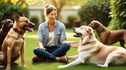 Create an image depicting a serene outdoor setting where an experienced dog trainer calmly guides a spirited dog. The trainer is using gentle gestures and positive reinforcement techniques, creating a
