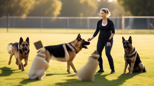 Create an image of a professional dog trainer working with a highly focused German Shepherd and a Labrador Retriever in an outdoor training field. The dogs are performing activities like fetching, obe