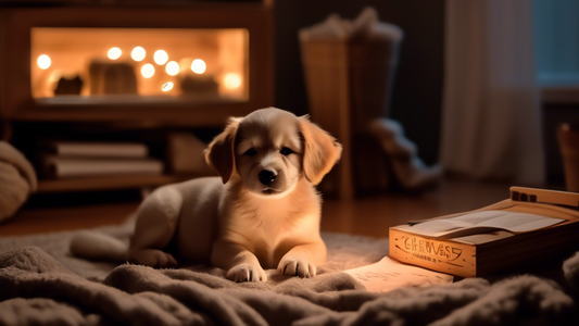 A cozy nighttime scene in a warmly lit living room, where a content and sleepy puppy rests peacefully inside a comfortable, well-padded crate. Beside the crate, there is a soft blanket, a favorite che