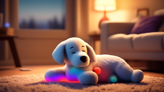 A cozy living room scene with a soft, plush 'heartbeat puppy' toy nestled beside a sleeping dog. The calming rhythmic heartbeat feature of the toy is highlighted, providing comfort and tranquility to