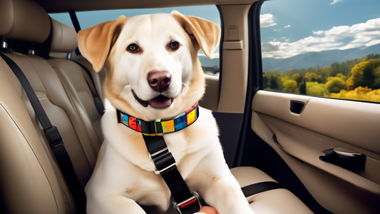 Create an image of a car interior showcasing happy and safe dogs secured with high-quality, colorful dog seat belts. Highlight a variety of dog breeds and seat belt styles to demonstrate different top