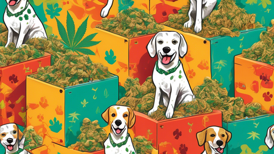 A fun and vibrant illustration of dogs joyfully playing with 420-themed Bark Boxes. The boxes are creatively designed with humorous and pet-safe cannabis-related toys and treats, surrounded by a playf