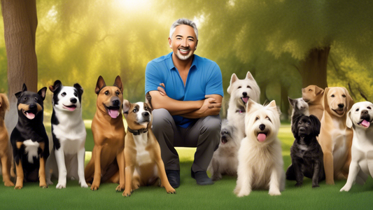 Create an image featuring Cesar Millan, the renowned dog trainer, in an outdoor setting. He is surrounded by a variety of well-behaved dogs of different breeds and sizes. Cesar is demonstrating a trai