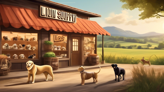 Create an image of a rustic countryside store named 'Lion Country Dog Supply.' The store is filled with high-quality dog gear such as durable leashes, sturdy collars, and comfortable beds. In the fore