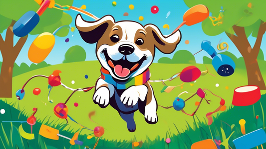 A joyful, energetic dog playing in a sunny park with various colorful and creatively designed stick toys scattered around. Each stick toy has unique features like textures, patterns, and shapes. Some