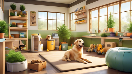 A well-furnished retriever kennel featuring essential accessories such as comfortable bedding, a water and food station, interactive toys, grooming supplies, and an outdoor play area. The scene shows