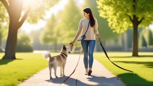 Create an image of a calm dog being walked on a leash in a peaceful park. The dog owner is holding the leash gently and has treats in hand. Nearby, another dog is walking with its owner at a distance,