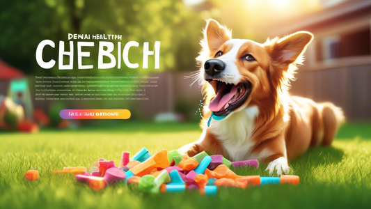A happy and healthy dog eagerly chewing on a colorful, natural chew treat in a sunny backyard, with benefits highlighted in glowing text such as 'Dental Health', 'Reduces Boredom', and 'Nutrient-Rich'